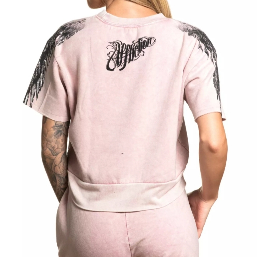 AFFLICTION "AUDRALYN" Women's T-Shirt Sweatshirt Wings Tattoo Pink Biker - Picture 3 of 8